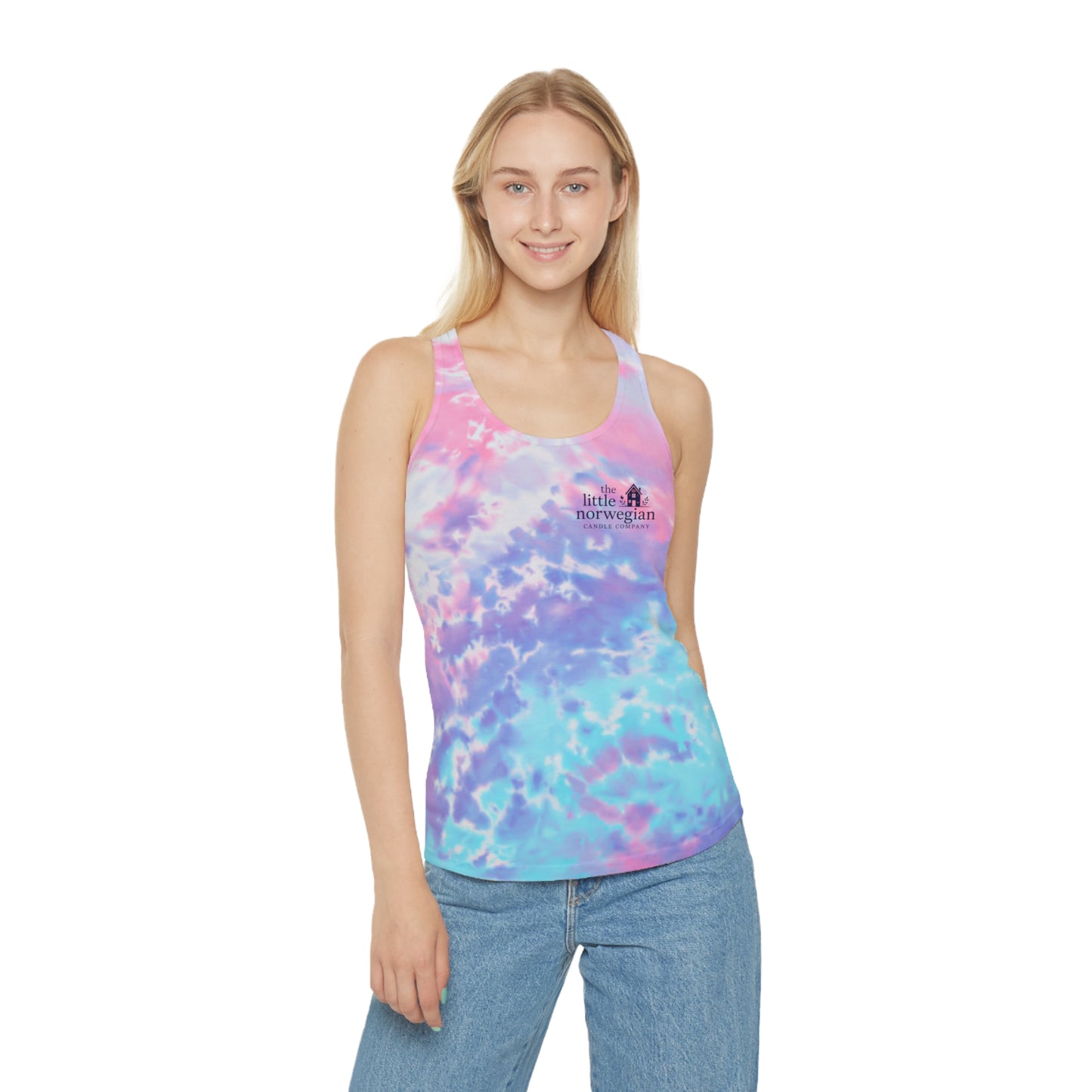 Tie-Dye Racerback Tank Top — Little Norwegian Design with Heart Flag
