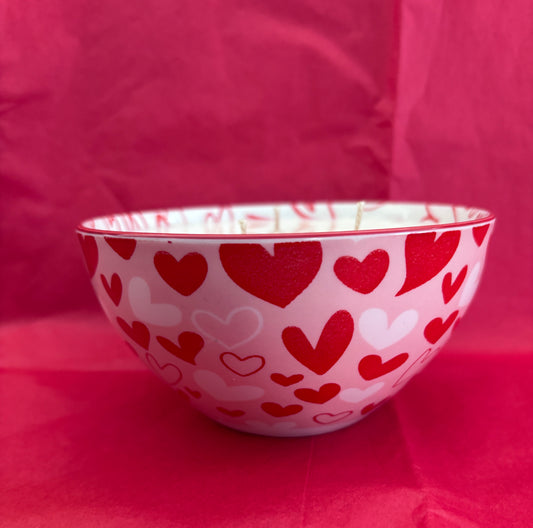 Large triple wicked ceramic bowl Valentines Day themed soy candle