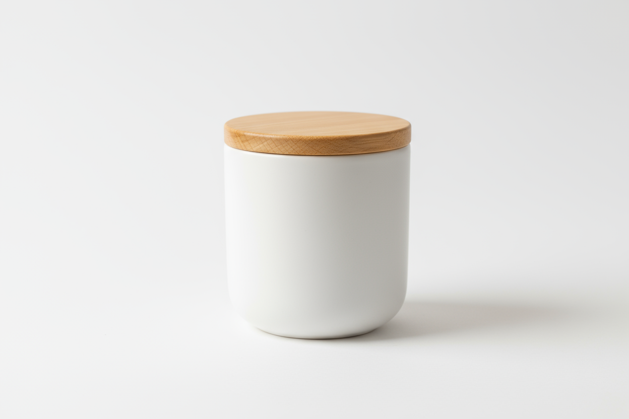 white jar with light wood lid