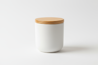 white jar with light wood lid